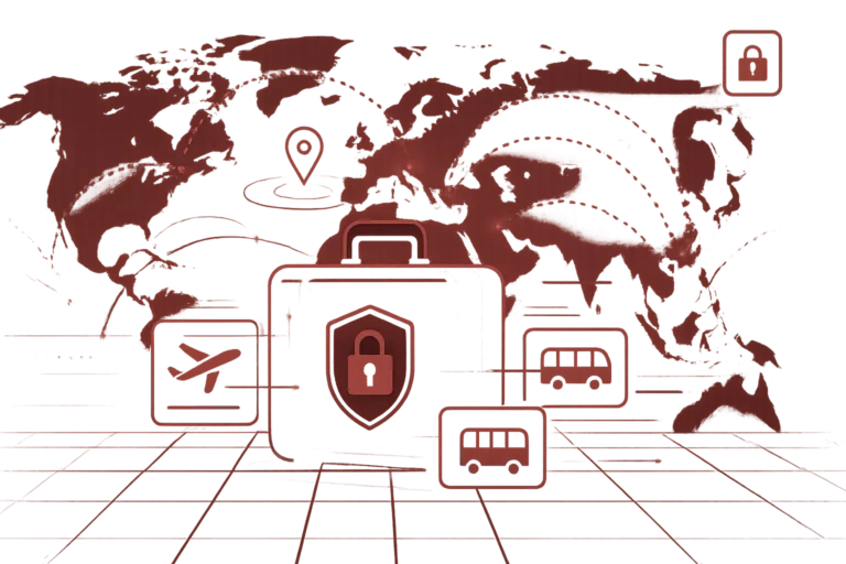 Digitale Grafik mit Reisesymbolen und Sicherheitsicon, stellvertretend für den Schutz von Reisedaten und persönlichen Informationen