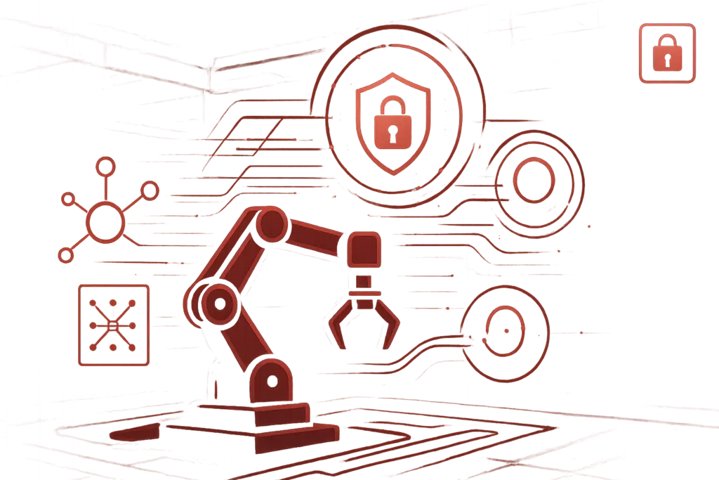 Rote Illustration eines Roboterarms mit digitalen Netzwerken und Schutzsymbolen als Darstellung von Cybersicherheit in der Industrie