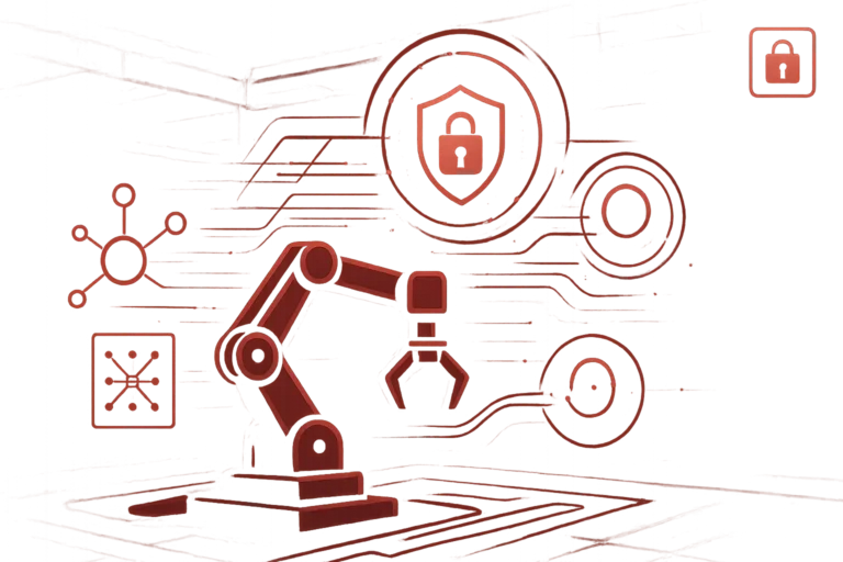 Rote Illustration eines Roboterarms mit digitalen Netzwerken und Schutzsymbolen als Darstellung von Cybersicherheit in der Industrie