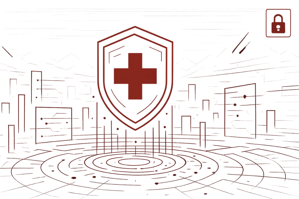Illustration eines roten Schutzschilds mit Kreuz symbolisiert Cybersicherheit im medizinischen Bereich
