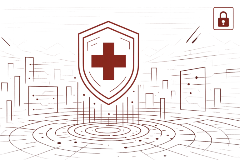 Illustration eines roten Schutzschilds mit Kreuz symbolisiert Cybersicherheit im medizinischen Bereich