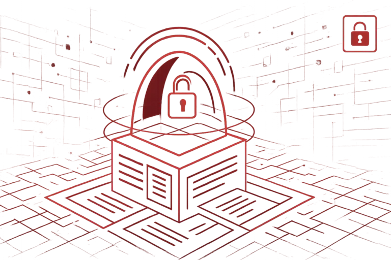 Grafische Darstellung eines Datenblocks mit Schloss und digitalem Schutzbogen, sinnbildlich für IT-Sicherheit und Verschlüsselung