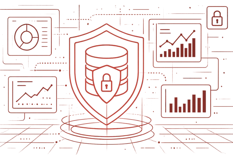 Abstraktes Sicherheitsmotiv mit Datenbank, Diagrammen und Schild, das Datenschutz und IT-Schutz visualisiert
