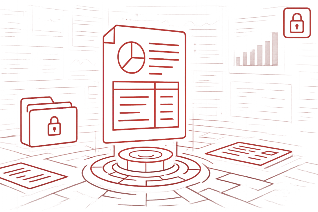 Illustration sicherer Dokumentenverwaltung mit Report, verschlüsseltem Ordner und Diagrammen für Datenschutz