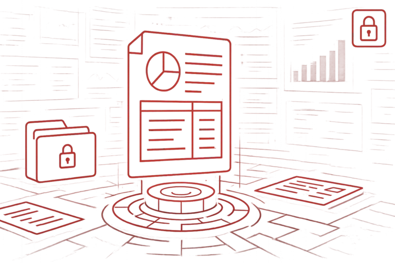Illustration sicherer Dokumentenverwaltung mit Report, verschlüsseltem Ordner und Diagrammen für Datenschutz