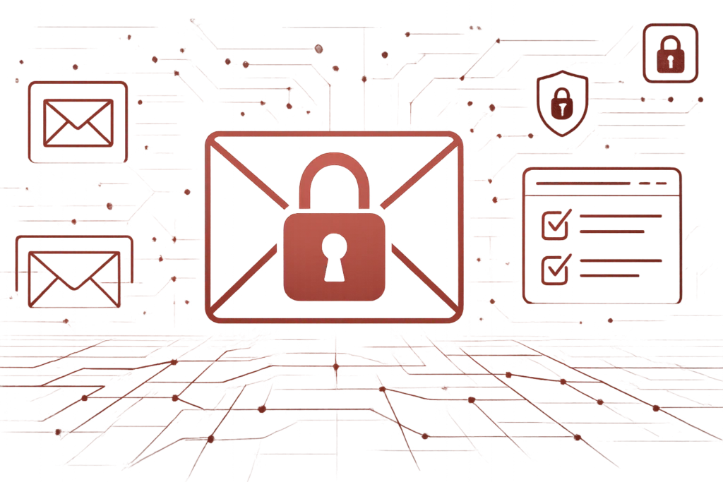 Konzeptgrafik zeigt E-Mail-Verschlüsselung mit Schloss, Schutzsymbolen und Netzwerk für sichere Kommunikation