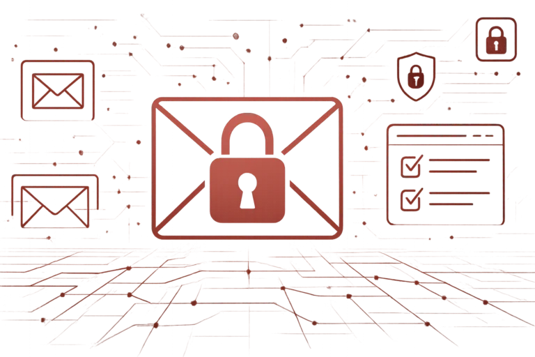 Konzeptgrafik zeigt E-Mail-Verschlüsselung mit Schloss, Schutzsymbolen und Netzwerk für sichere Kommunikation