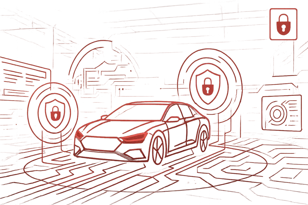 Rote Grafik mit vernetztem Auto und digitalen Schilden, steht für IT-Sicherheit, Datenschutz und Schutz intelligenter Fahrzeuge