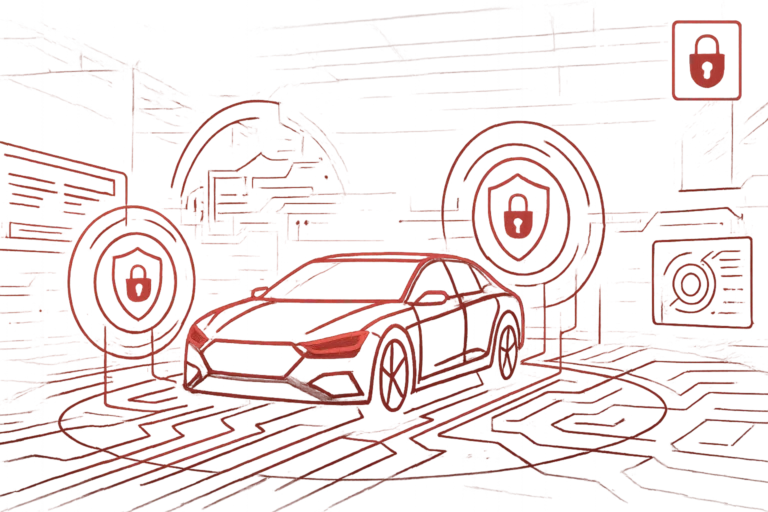 Rote Grafik mit vernetztem Auto und digitalen Schilden, steht für IT-Sicherheit, Datenschutz und Schutz intelligenter Fahrzeuge