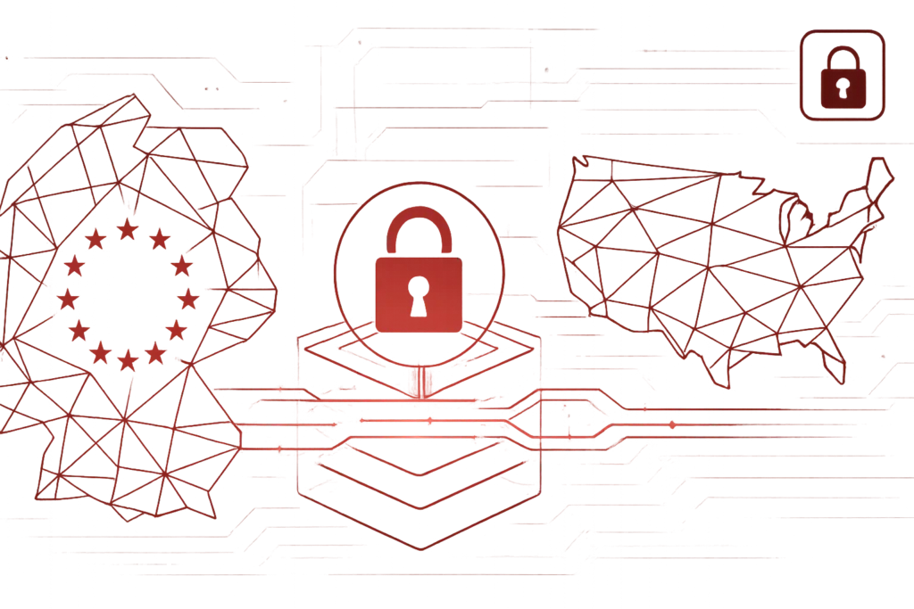 Illustration zeigt Schloss zwischen EU und USA als Zeichen fuer transatlantische Datensicherheit und DSGVO Konformitaet