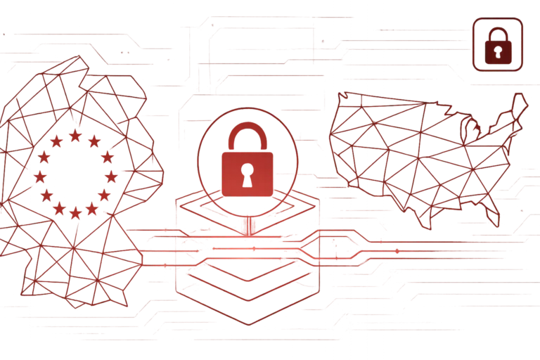 Illustration zeigt Schloss zwischen EU und USA als Zeichen fuer transatlantische Datensicherheit und DSGVO Konformitaet