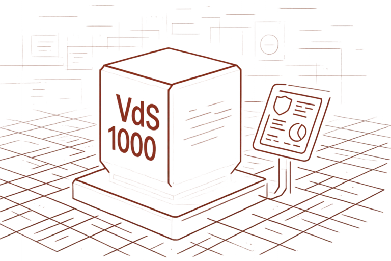 Grafische Darstellung der VdS 1000 Norm mit Zertifizierungsdokument für Vertrauen durch Sicherheit