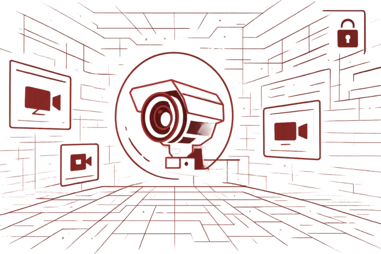 Rote Grafik mit stilisierter Sicherheitskamera, steht für Überwachung, digitale Kontrolle und Schutzsysteme