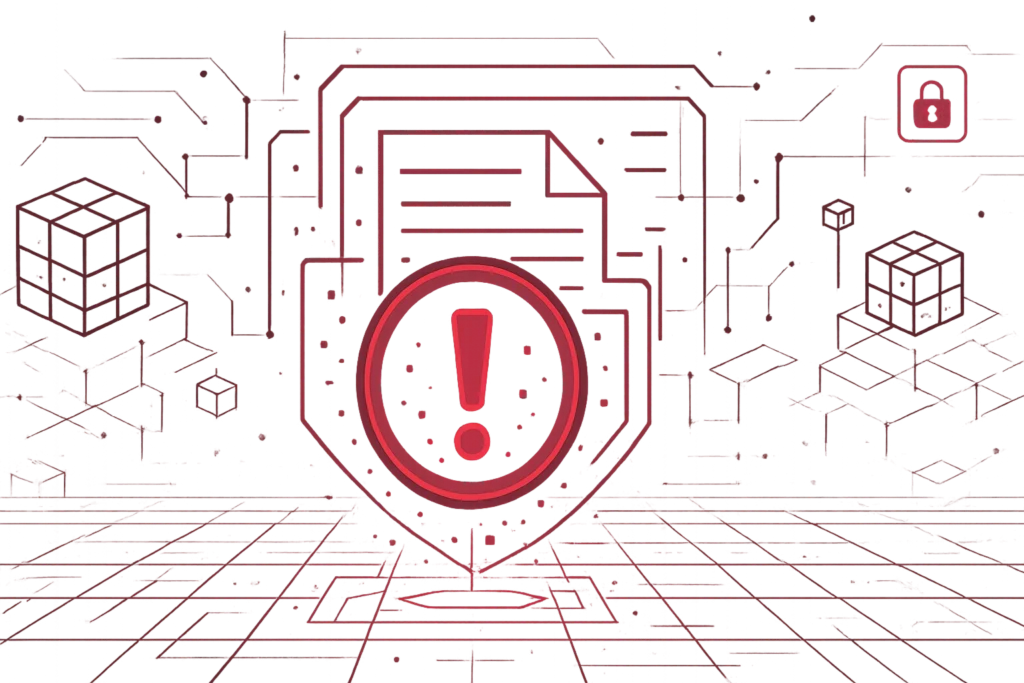 Rotes Warnsymbol mit Ausrufezeichen in einem Schild steht fuer Cyberbedrohung, Sicherheitsrisiko und Datenschutzverletzung