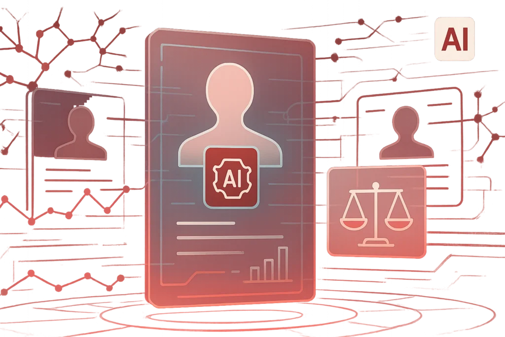 Grafische Darstellung von AI in Human Resources mit Personen-Avataren, Waage und Datenanalyse-Komponenten