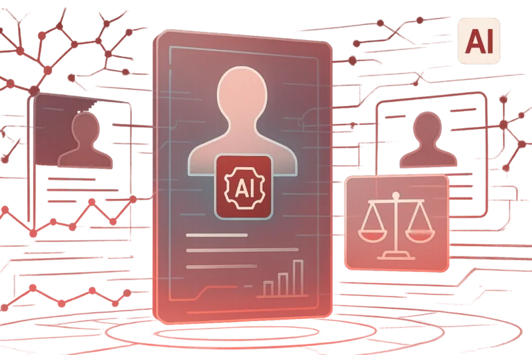 Grafische Darstellung von AI in Human Resources mit Personen-Avataren, Waage und Datenanalyse-Komponenten