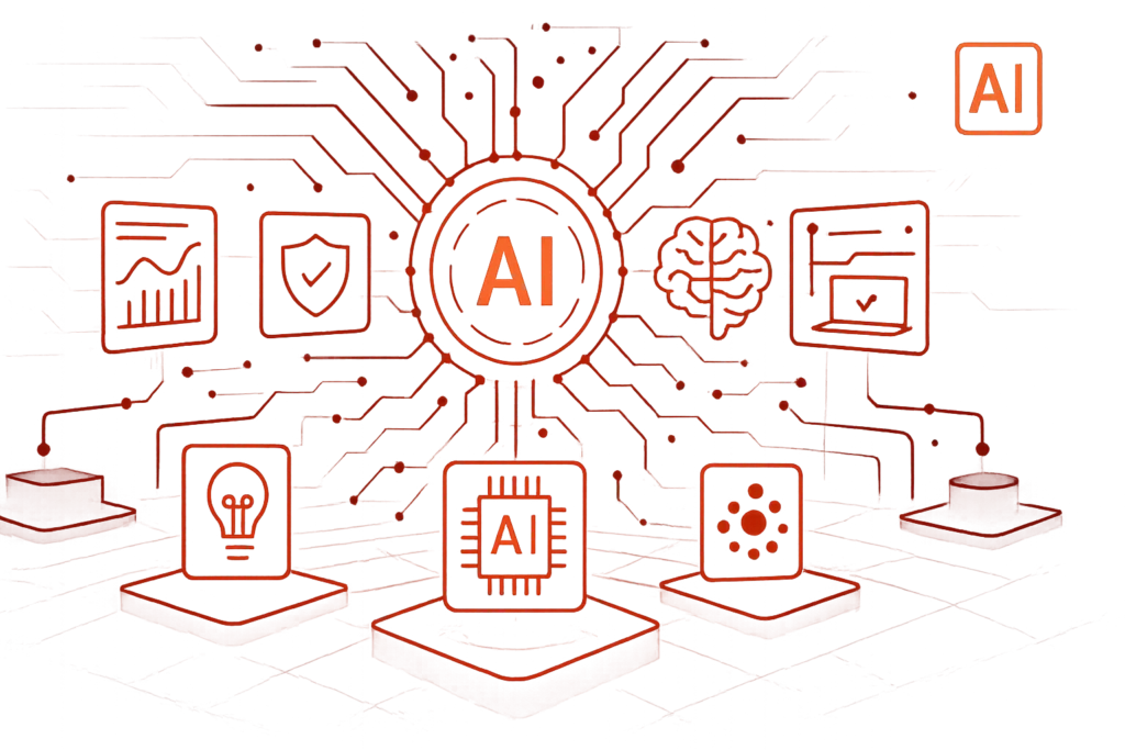 Grafische Darstellung von BYOAI-Integration mit AI-Zentrum, verbundenen Workplace-Tools und Sicherheits-Elementen