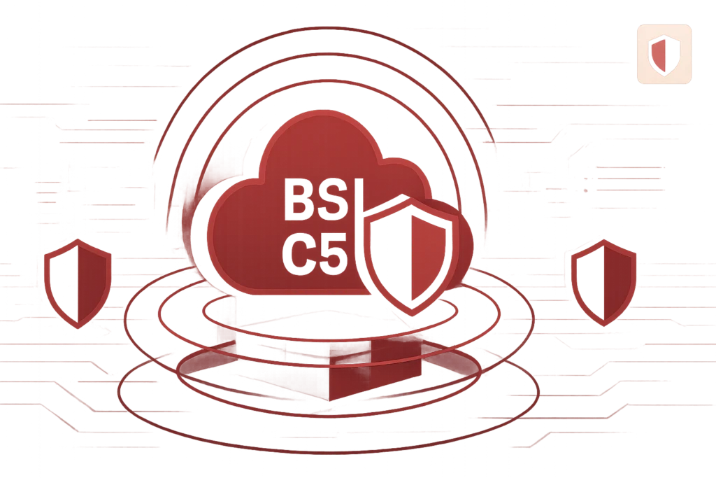 BSI C5 Cloud Compliance Illustration mit zentraler Cloud und umgebenden Sicherheitsschilden für deutsche Standards