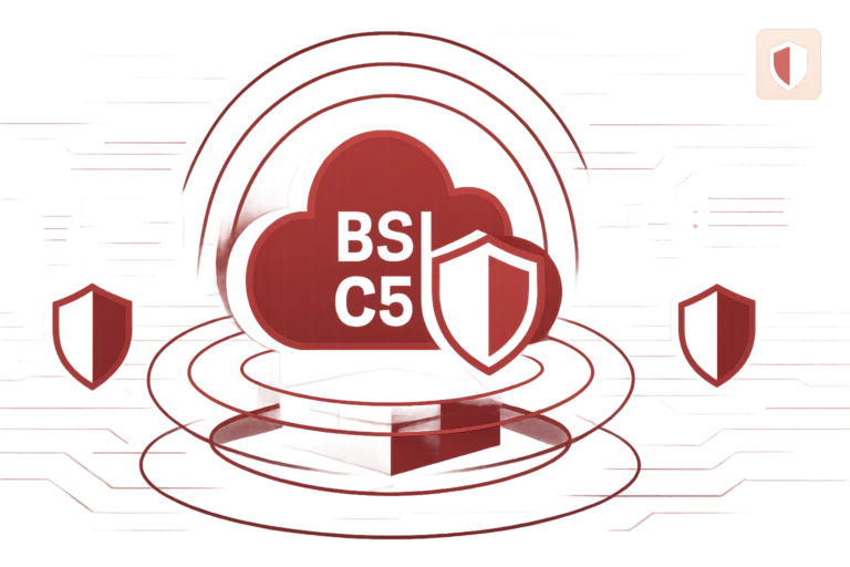 BSI C5 Cloud Compliance Illustration mit zentraler Cloud und umgebenden Sicherheitsschilden für deutsche Standards