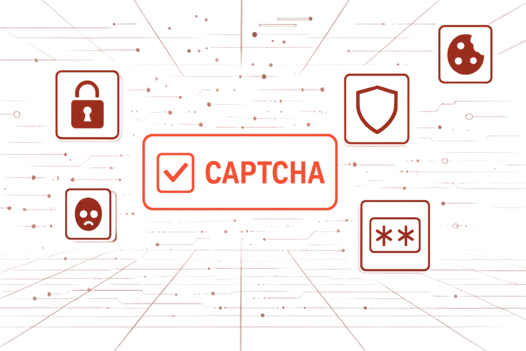 Grafik zeigt CAPTCHA Feld mit Haken und Sicherheitssymbolen und symbolisiert Internetschutz und Datensicherheit