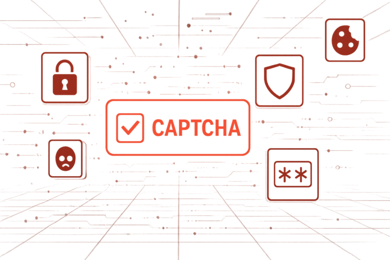 Grafik zeigt CAPTCHA Feld mit Haken und Sicherheitssymbolen und symbolisiert Internetschutz und Datensicherheit