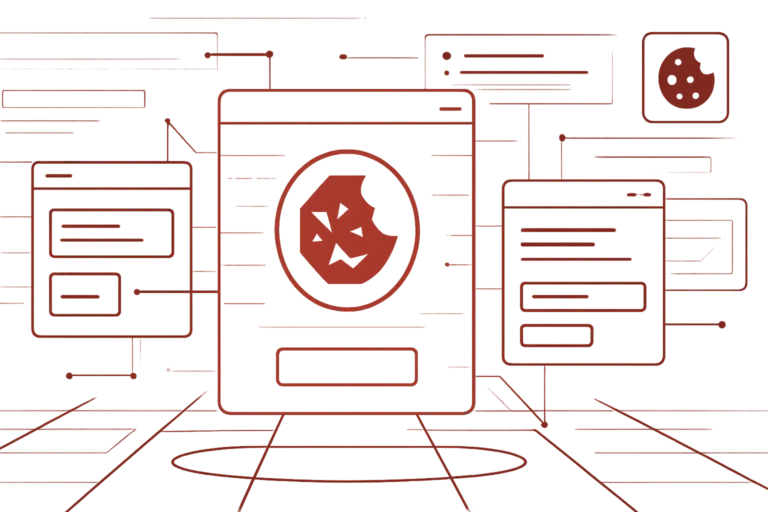 Abstrakte Grafik zeigt Cookie-Icon in der Mitte, umgeben von Fenstern für Einstellungen und Datenverwaltung im Web
