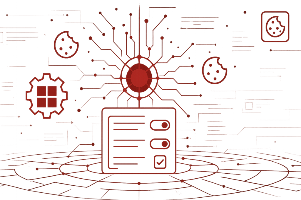 Digitale Grafik mit zentralem Datenknoten und Cookie Symbolen repraesentiert Tracking Kontrolle und DSGVO konforme Verarbeitung