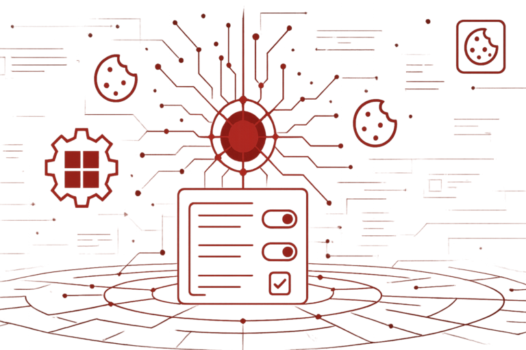 Digitale Grafik mit zentralem Datenknoten und Cookie Symbolen repraesentiert Tracking Kontrolle und DSGVO konforme Verarbeitung