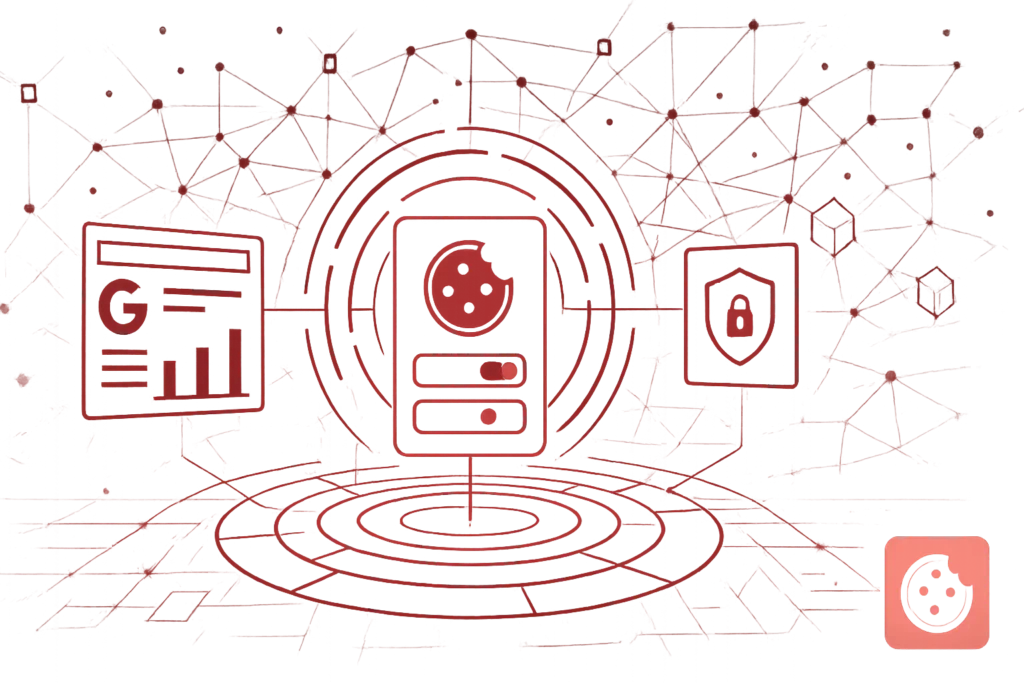 Grafik mit Cookie-Symbol, Datenschutzschild und Analyseelementen als Illustration für Cookie-Einstellungen und Tracking-Schutz