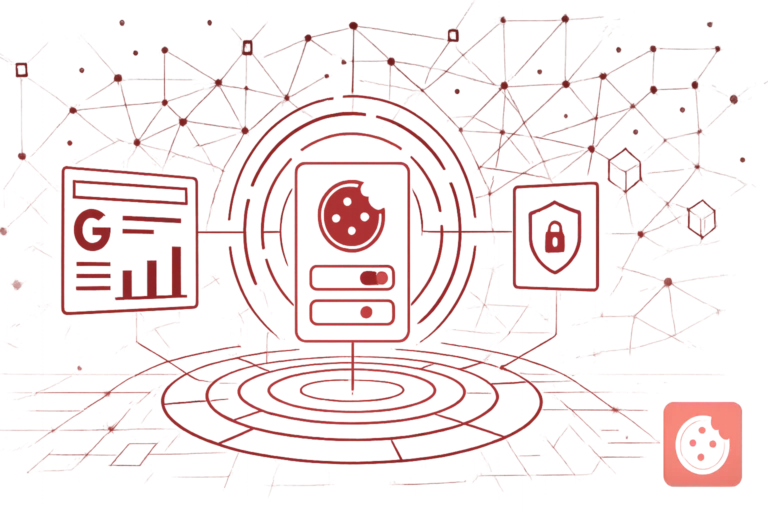 Grafik mit Cookie-Symbol, Datenschutzschild und Analyseelementen als Illustration für Cookie-Einstellungen und Tracking-Schutz