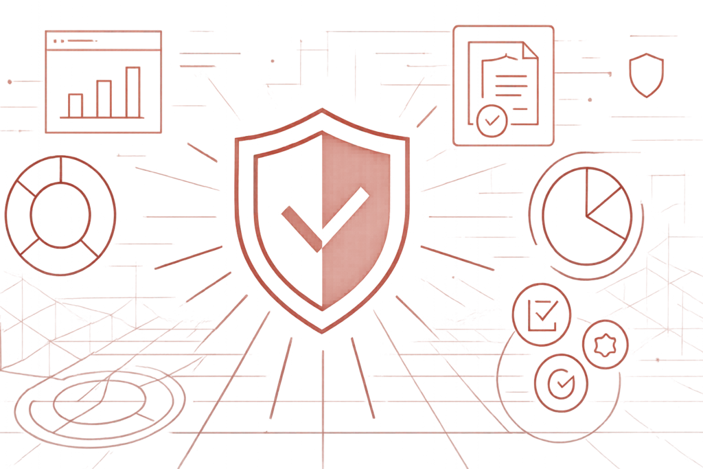 Illustration zu Cybersecurity mit Schutzschild, Kreisdiagrammen und Symbolen für Sicherheitskennzahlen auf rotem Hintergrund