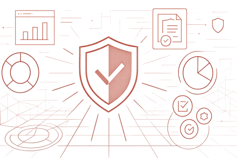 Illustration zu Cybersecurity mit Schutzschild, Kreisdiagrammen und Symbolen für Sicherheitskennzahlen auf rotem Hintergrund