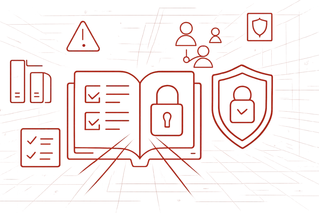 Grafik zeigt digitales Handbuch mit Schloss, Checklisten und Schutzschild als Symbol für IT-Sicherheit, Compliance und Datenschutz