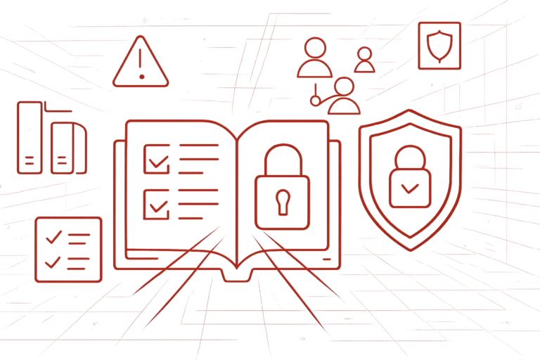 Grafik zeigt digitales Handbuch mit Schloss, Checklisten und Schutzschild als Symbol für IT-Sicherheit, Compliance und Datenschutz