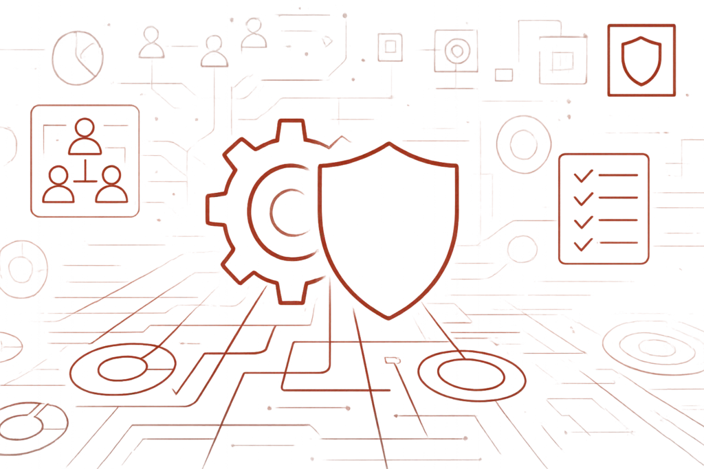 Grafik mit Zahnradsymbol und Schutzschild als Darstellung von IT-Sicherheit, Prozessmanagement und Cybersecurity auf rotem Hintergrund