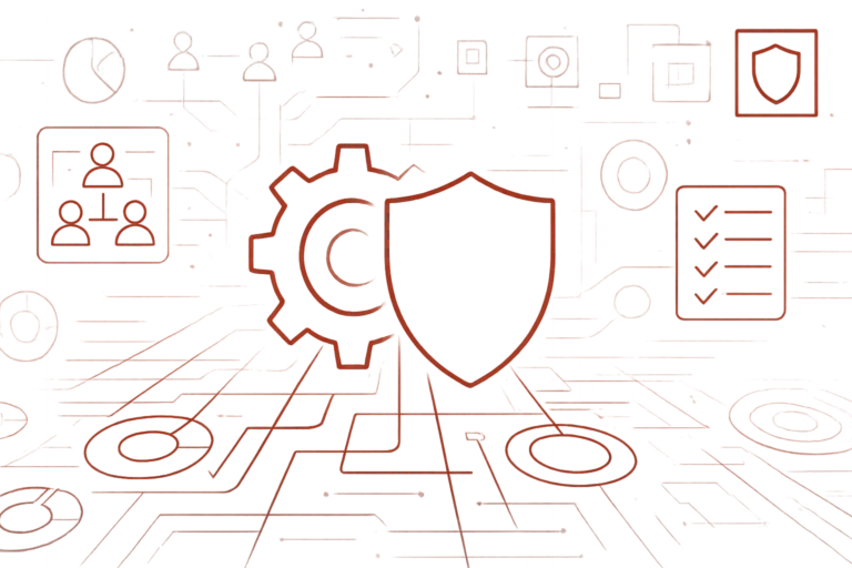 Grafik mit Zahnradsymbol und Schutzschild als Darstellung von IT-Sicherheit, Prozessmanagement und Cybersecurity auf rotem Hintergrund