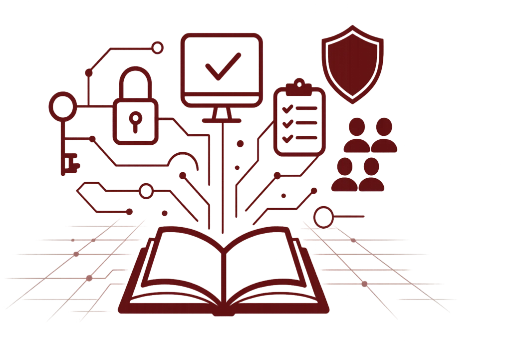 Grafik eines digitalen Handbuchs mit Symbolen für Cybersecurity, Datenschutz, Zugriffskontrolle und IT-Schulungen