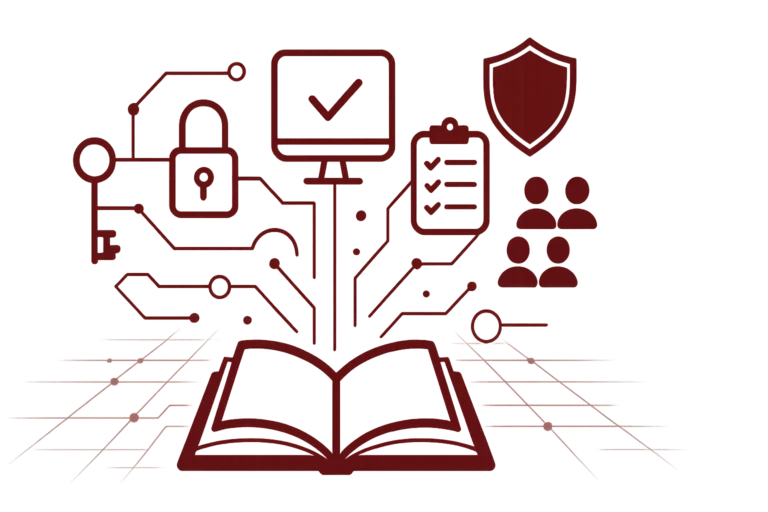Grafik eines digitalen Handbuchs mit Symbolen für Cybersecurity, Datenschutz, Zugriffskontrolle und IT-Schulungen