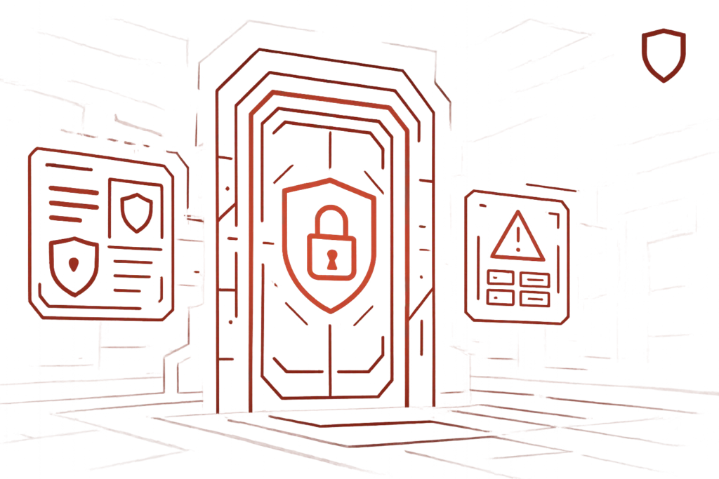 Illustration einer digitalen Sicherheitstür mit Schloss-Symbol und Warnanzeige zur Darstellung von Cybersecurity und Datenschutz