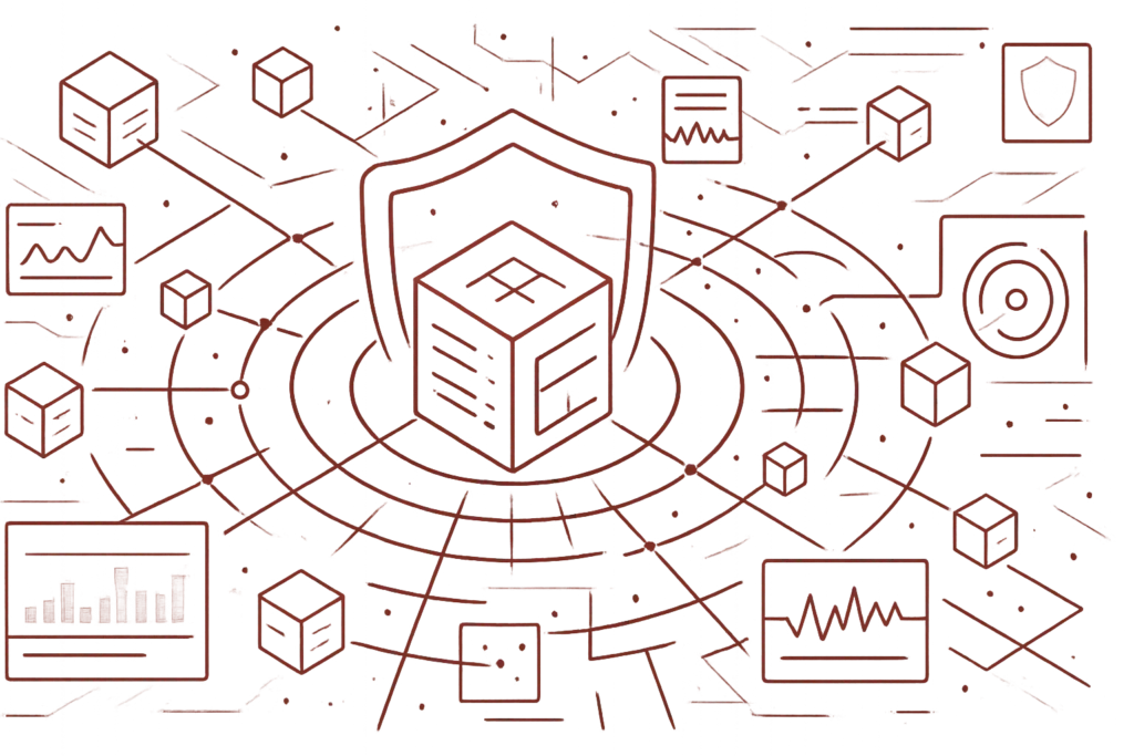 Technische Darstellung von Cyber-Risikomanagement mit zentralem Sicherheitsschild und Datenanalyse-Elementen