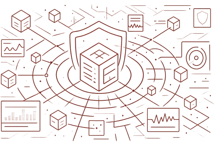 Technische Darstellung von Cyber-Risikomanagement mit zentralem Sicherheitsschild und Datenanalyse-Elementen