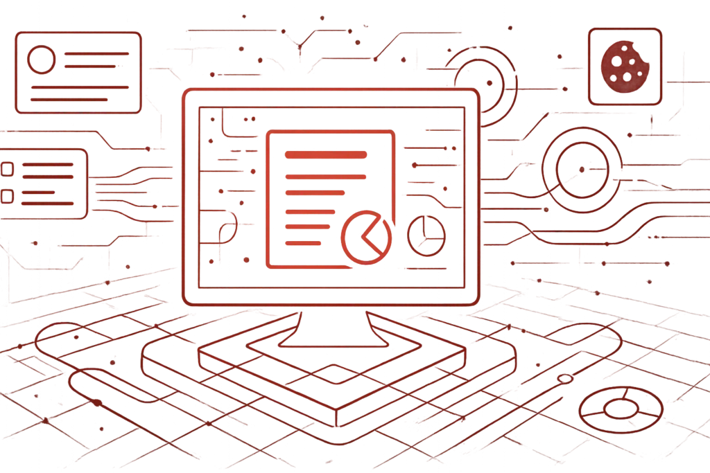Rote Illustration zeigt Computerbildschirm mit Diagrammen und Datenfeldern als Symbol für Webanalyse, Tracking und Datenschutzberichte