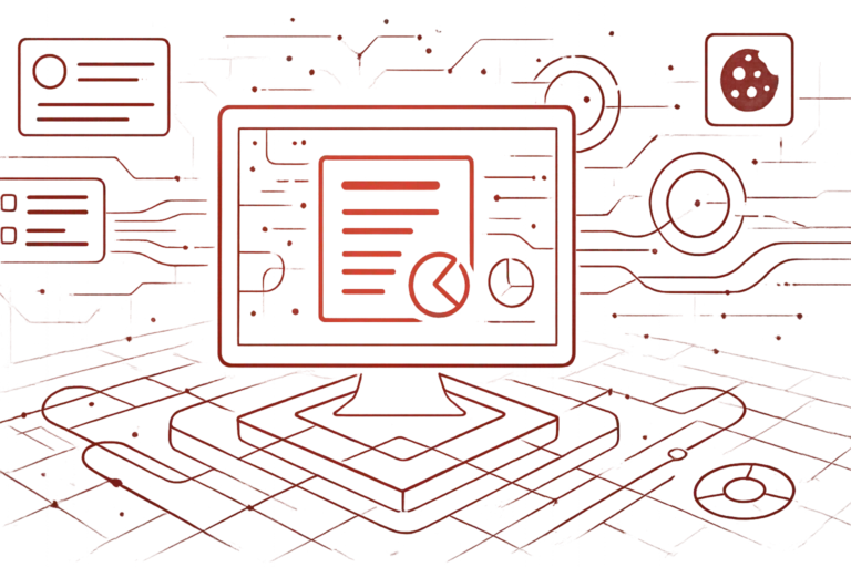 Rote Illustration zeigt Computerbildschirm mit Diagrammen und Datenfeldern als Symbol für Webanalyse, Tracking und Datenschutzberichte