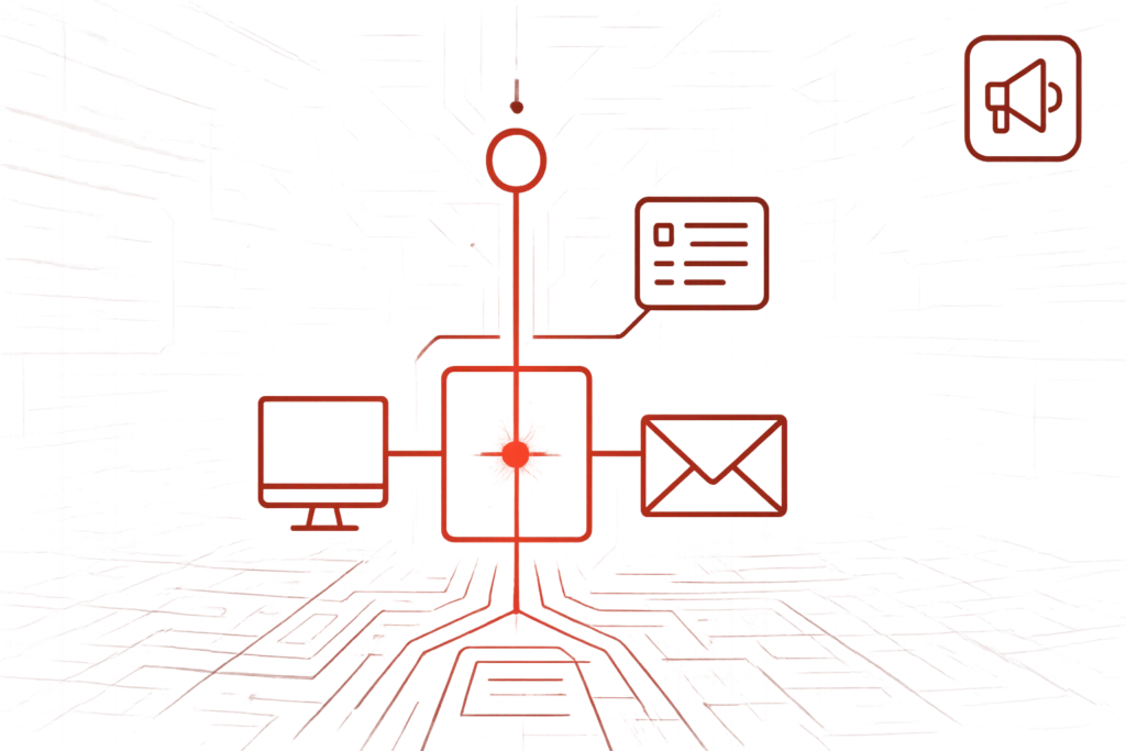 Abstrakte Grafik eines zentralen Netzwerkknotens mit Symbolen für Computer, E-Mail und Benachrichtigung steht für digitale IT-Vernetzung