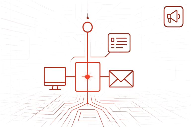 Abstrakte Grafik eines zentralen Netzwerkknotens mit Symbolen für Computer, E-Mail und Benachrichtigung steht für digitale IT-Vernetzung