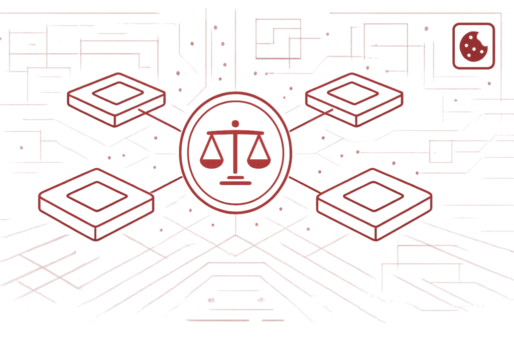 Abstrakte Darstellung von Compliance und Datenschutz mit Waage und vernetzten Elementen zur Verdeutlichung rechtlicher Balance