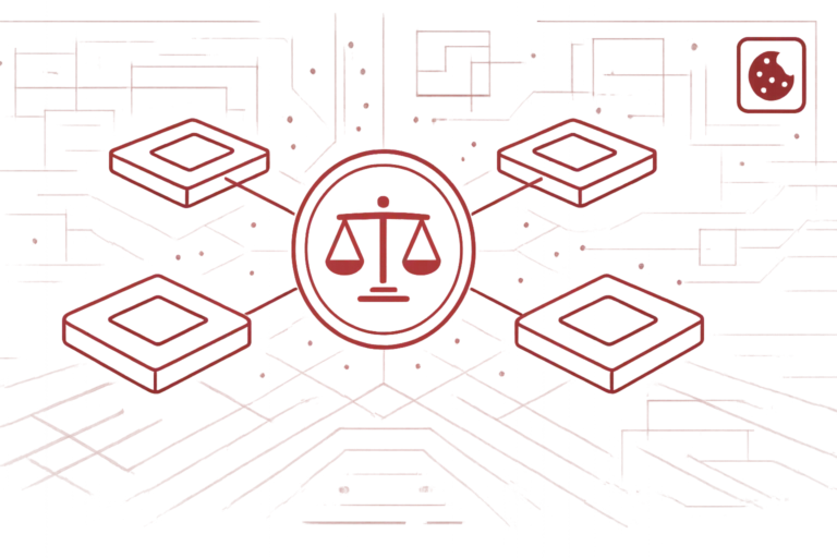 Abstrakte Darstellung von Compliance und Datenschutz mit Waage und vernetzten Elementen zur Verdeutlichung rechtlicher Balance