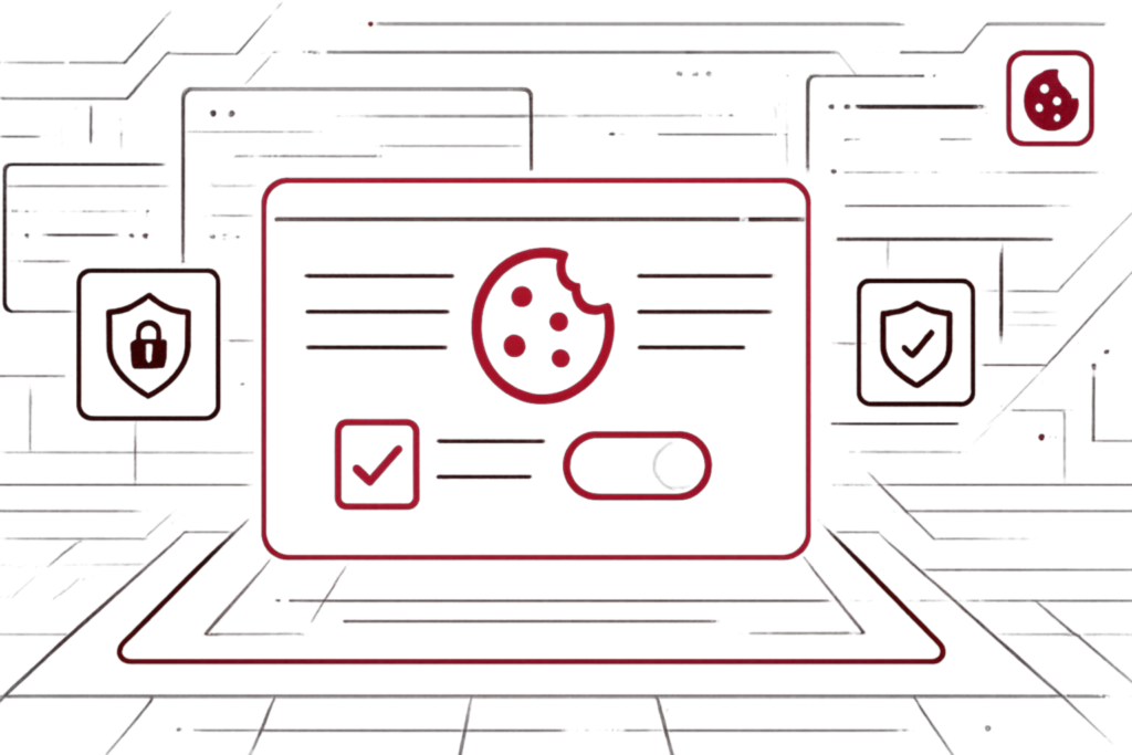 Rote Illustration zeigt Laptop mit Cookie Symbol und Schaltern und steht fuer Datenschutz, Einwilligung und DSGVO konforme Verwaltung