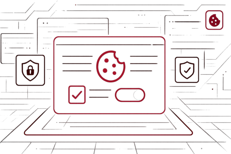 Rote Illustration zeigt Laptop mit Cookie Symbol und Schaltern und steht fuer Datenschutz, Einwilligung und DSGVO konforme Verwaltung