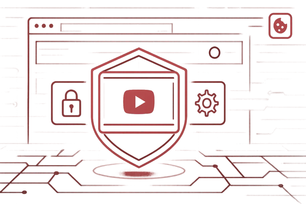 Rote Illustration zeigt Browserfenster mit Play Symbol, Schloss und Cookie Icon und steht fuer DSGVO konforme Videoeinbindung